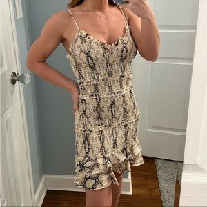 Olivaceous Snakeskin Cinched Flutter Hem Mini Dress